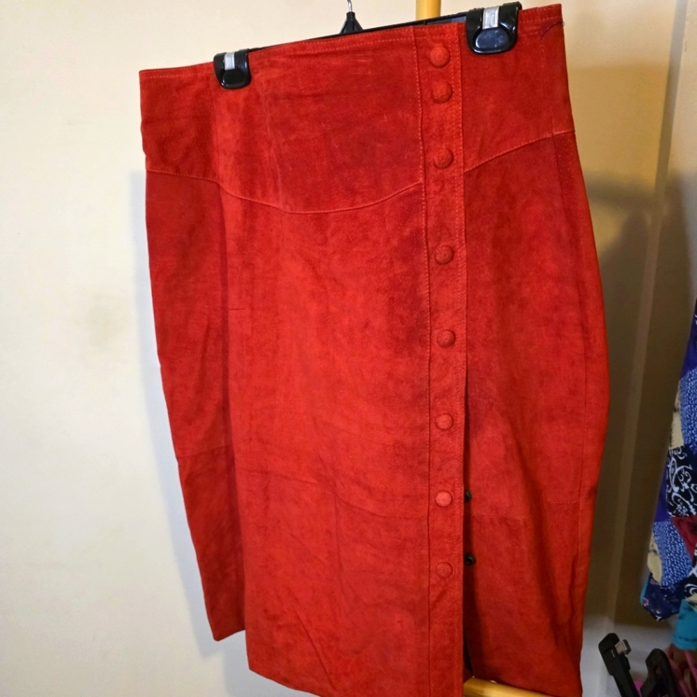 Suede Red Button-Down Skirt
